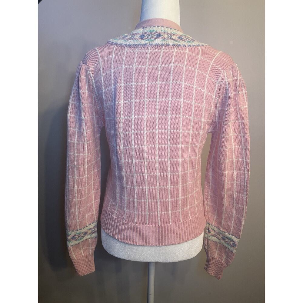 Vintage 80s Ralph Lauren Collection Cardigan Sweater Granny Knit Cotton M L Pink - Picture 3 of 9